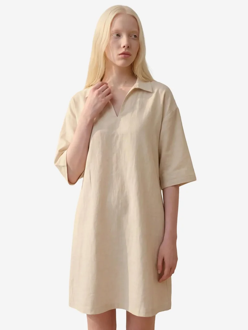 MY FASHION Beige Natural MY FASHION Polo Collar Mini Dress with Three Quarter Sleeves for Women | Best Price UAE